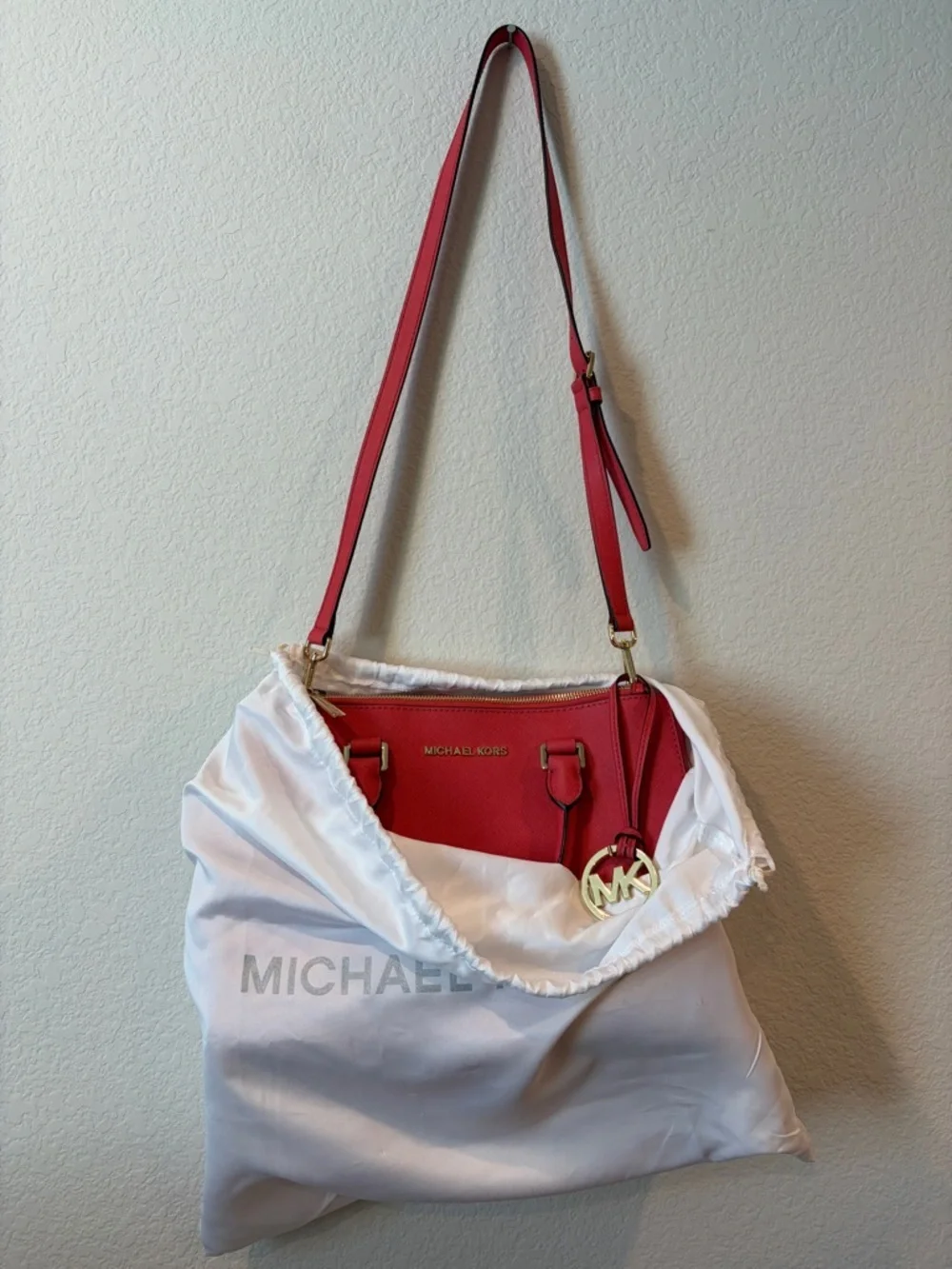 Michael Kors Women’s Watermelon Pink Saffiano Leather Medium Sutton Satchel